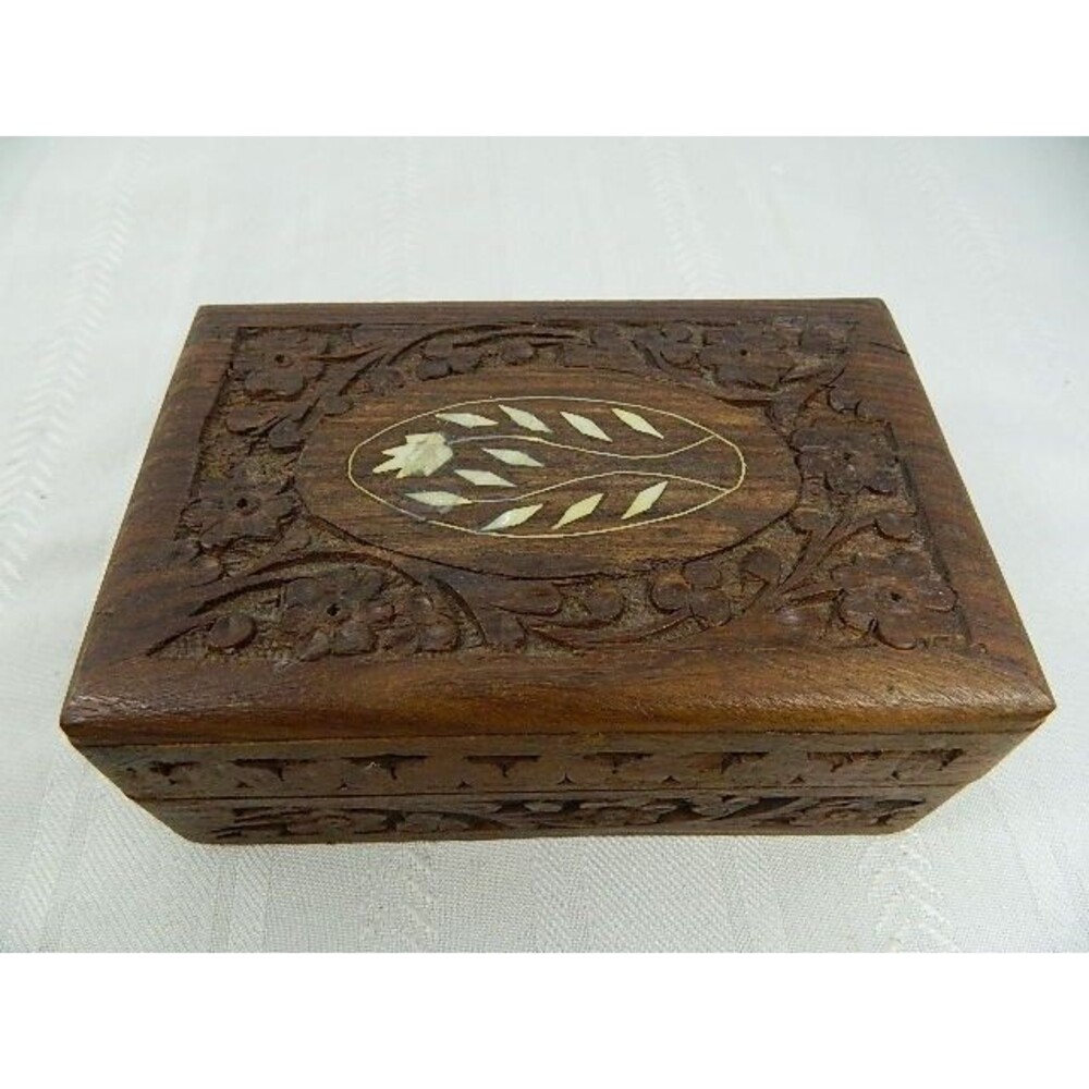 Vintage Hand Carved Wooden Trinket Box From India  6" X 4" Blue Velvet Lining
